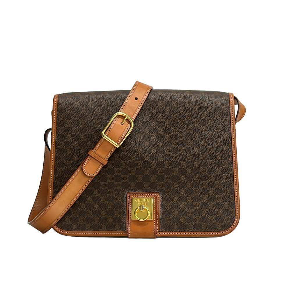 Celine Macadam Shoulder Bag Dark Brown Beige PVC Leather